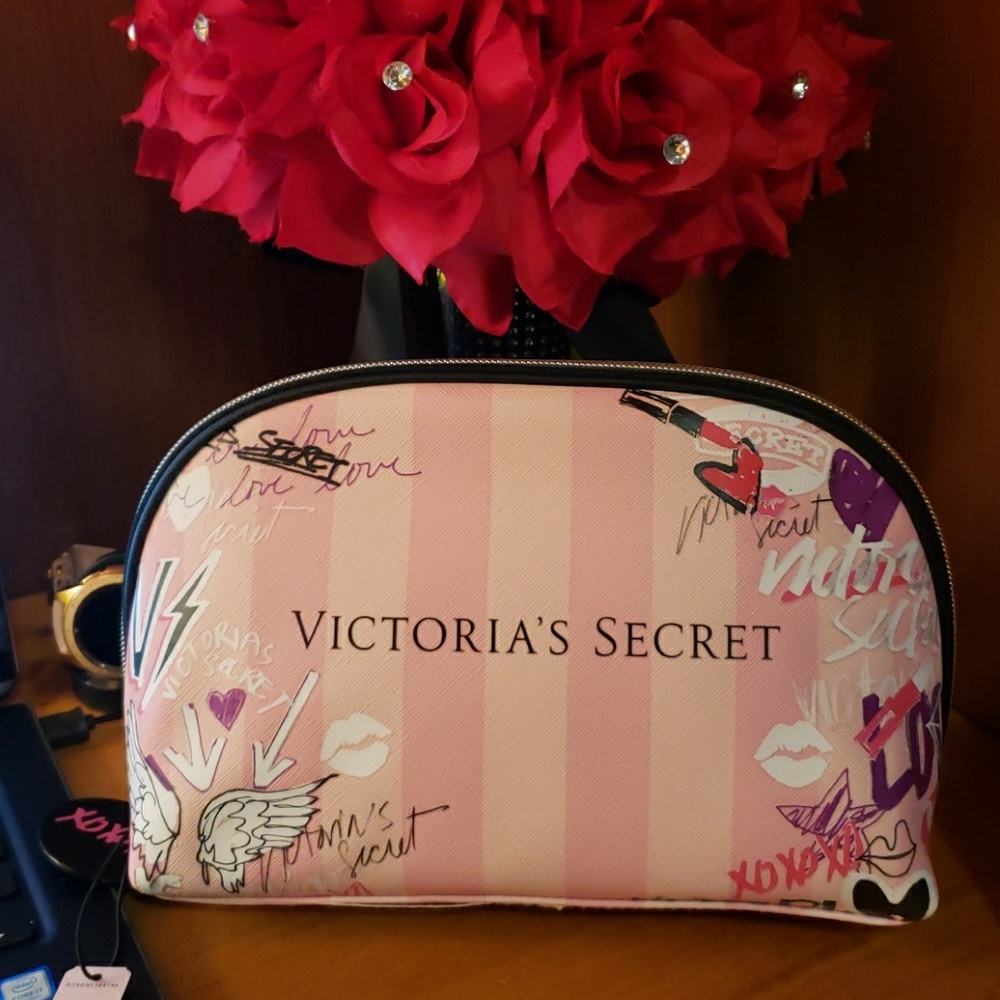 Victoria's Secret Pink Stripe Cosmetic Pouch with Graphic Accents